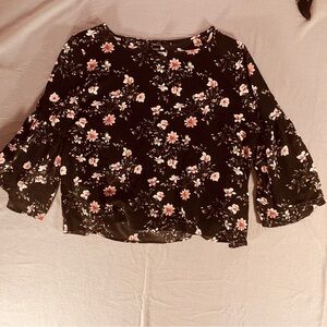 Rue21 Black Floral Bell Sleeve Blouse XL Boho Cottagecore Feminine Poet Peasant